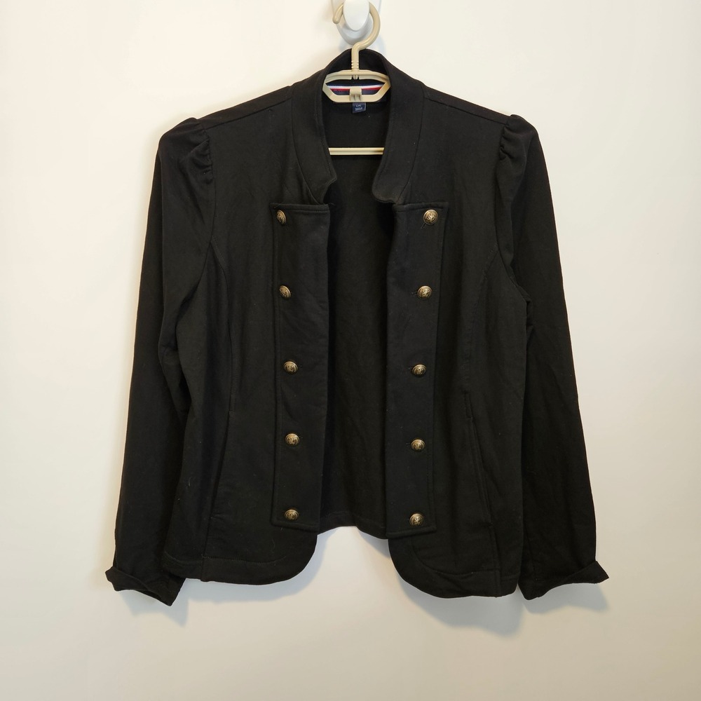 Tommy Hilfiger Band Military Blazer Jacket Womens Large Black Gold Buttons Knit